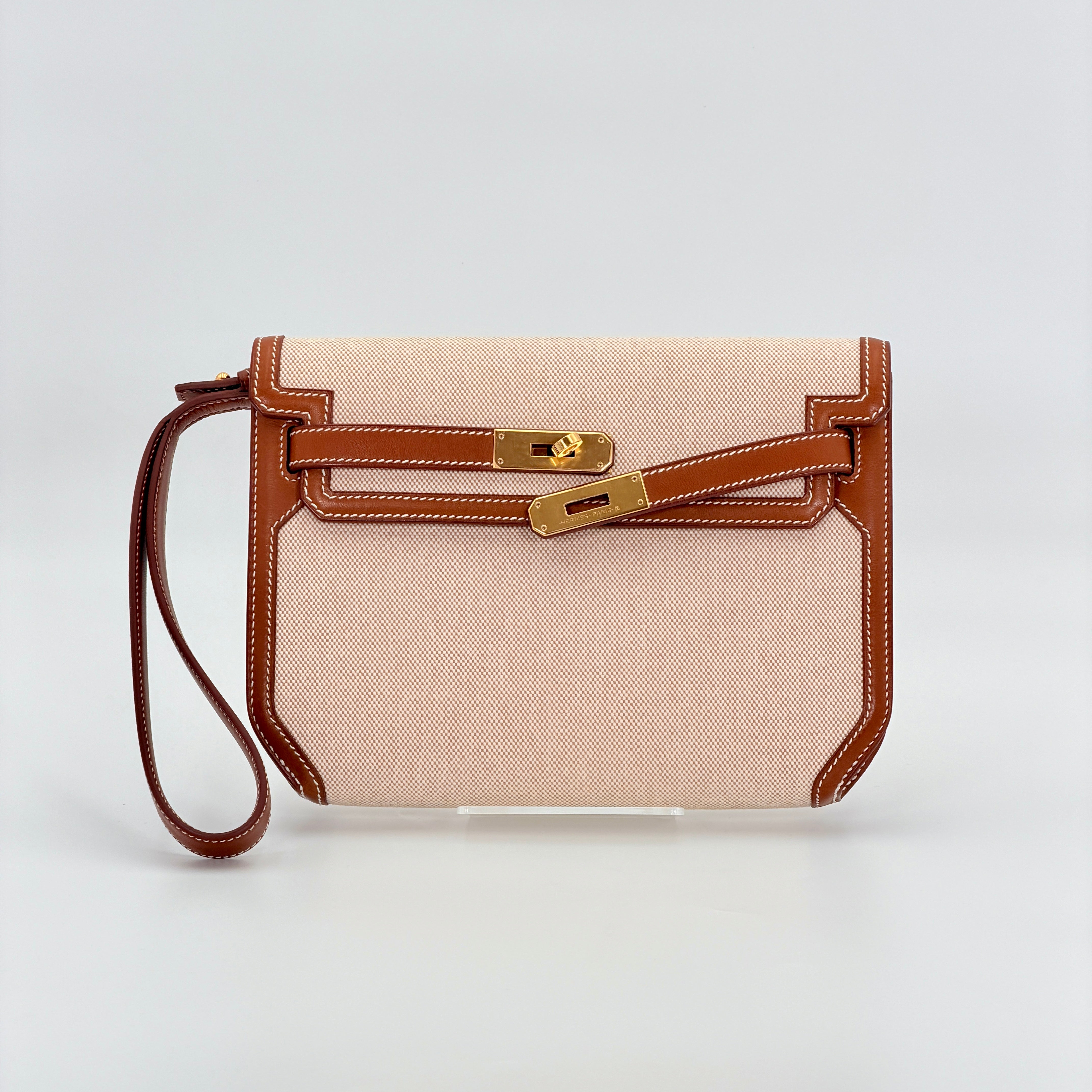 Hermès Kelly Depeches 25 Pouch Barenia Fauve Ecru Beige Toile H GHW (Discontinued Model)
