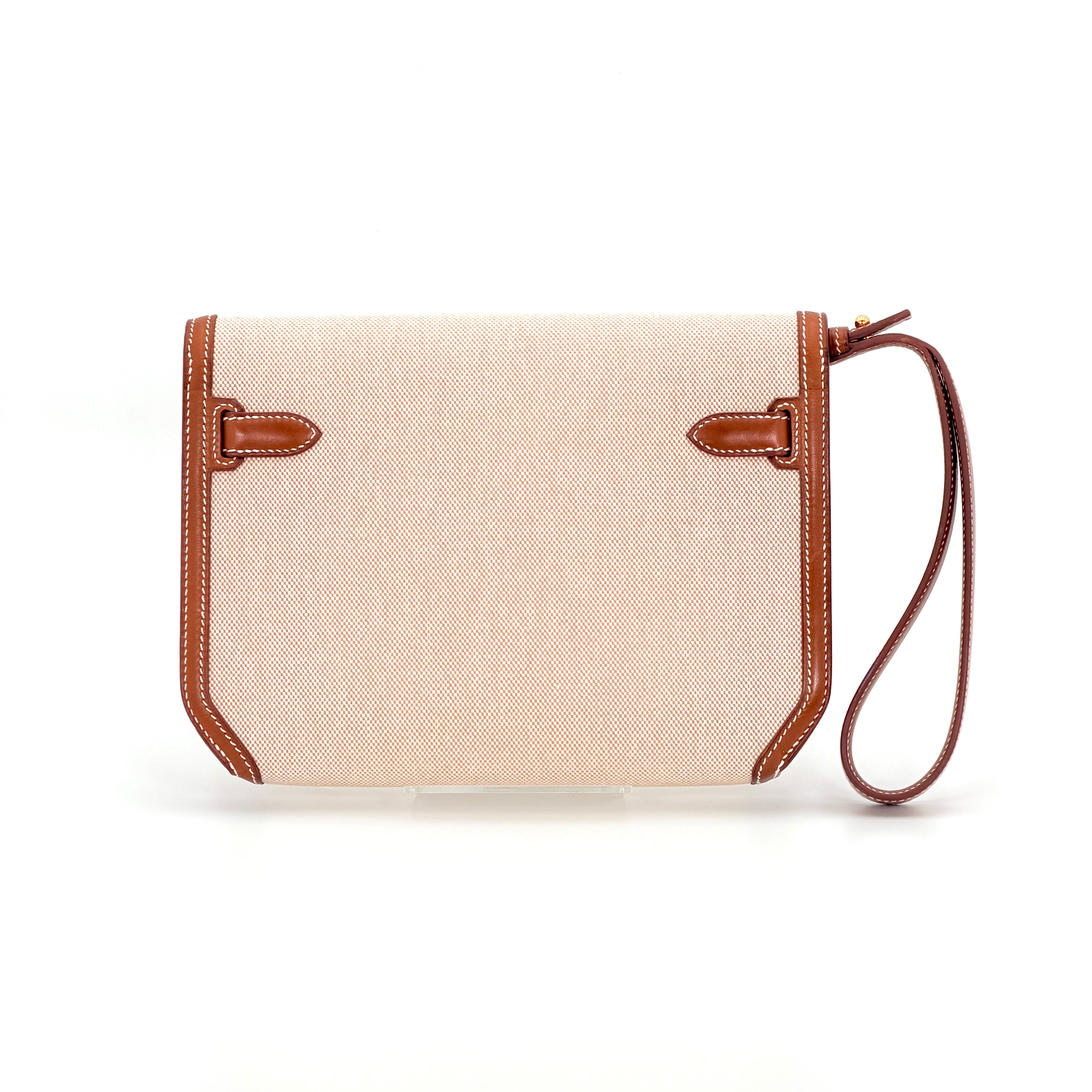Hermès Kelly Depeches 25 Pouch Barenia Fauve Ecru Beige Toile H GHW (Discontinued Model)
